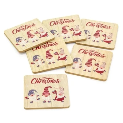 Image of Carousel Home Set Of 6 Christmas Gonk Coasters Wooden Merry Coaster And Holder Drinks Table Mats