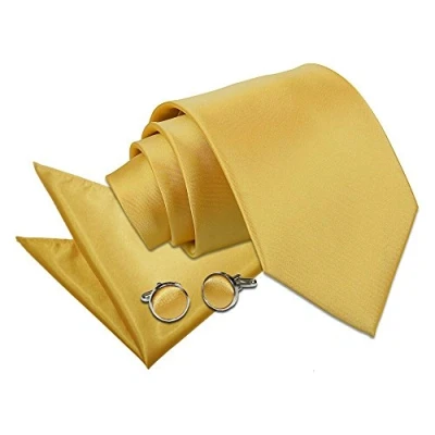 Image of DQT Men Plain Satin 9cm Wide Tie + Pocket Square &amp; Cufflinks Set Gold