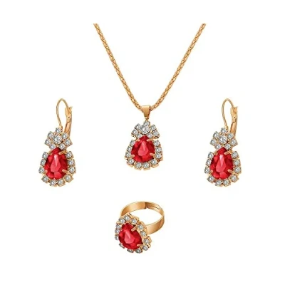 Image of QKEPCY Bridal Wedding Jewellery Set for Women Girls Zirconia Teardrop Pendant Necklace Drop Earrings and Ring Gifts Crystal Bridesmaid Costume Prom Engagement (Red)