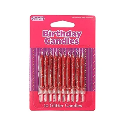 Image of CULPITT Glitter Cake Candles, 10 Pack, Birthday Candle for Cakes &amp; Cupcakes with a Clear Holder, Add Some Sparkle to Birthdays, Anniverseraries, Special Occasions Red