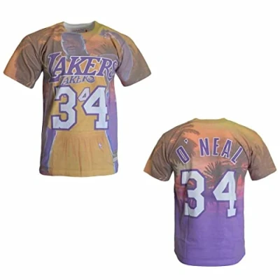 Image of Mitchell &amp; Ness LA Lakers Shaquille O&#039;Neal Mens T Shirt Yellow Cotton Size Medium