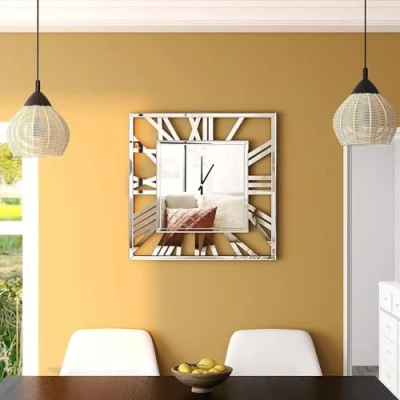 Image of Biznest Full Mirrored Square Wall Clock Large Roman NumeralClock Silver Finish Modern Home Decorative Mount (80x80 Cm)