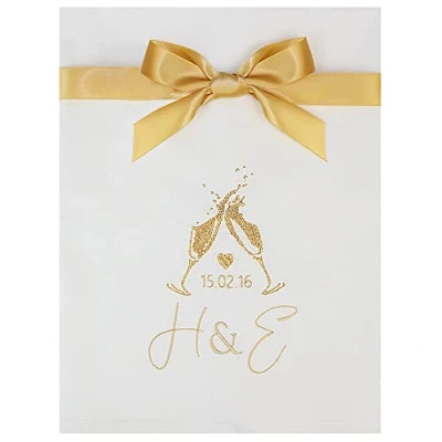 Image of Personalised Initials White Embroidered Glitter Champagne Cotton Tea Towel
