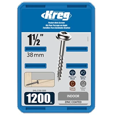 Image of Kreg SML C150 1200 Zinc Pocket Screws, 1 1/2 Inch, #8 Coarse Thread, Maxi Loc Head (1200 Count)
