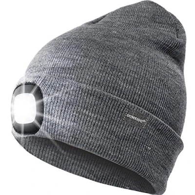 Image of Oumeiou New Warm Bright LED Lighted Beanie Cap Unisex Rechargeable Headlamp Hat Multi Color (Grey)