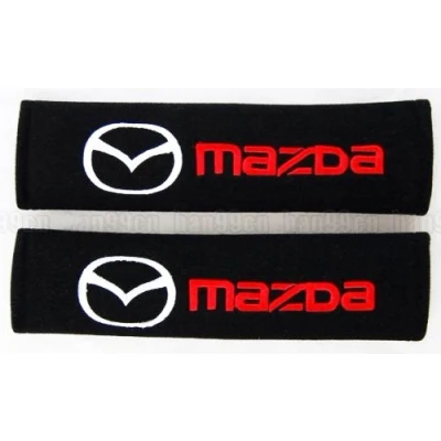 Image of 2 x Seat Belt Shoulder Cover Pads For MAZDA COMPLETE WITH BADGE DETAIL ALL MODELS 3 6 CX 5 MX SPORT RECARO