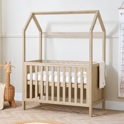 Image of Tutti Bambini Mini Baby House Bed 3 in 1 Cot Bed, Toddler &amp; Sofa, Shaped with Mattress Height Levels, Protective Teething Rails, Harvest Oak (120 x 60 cm)