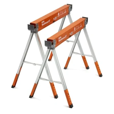 Image of BORA Workhorse XT Saw Horses 2 Pack Folding Heavy Duty Adjustable Height Sawhorse Pair with Legs, Horse for Contractors Portable Workbench w/Built in Bottle Opener PM 3360T
