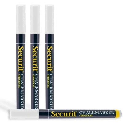 Image of Securit Original Chalk Marker Pen Blister Pack, 1 2mm Nib Pack of 4 White, Liquid Pens, Whiteboard Markers, Pens for Blackboard, White Erasable