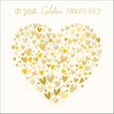 Image of Stunning Golden Anniversary Card from The Peach &amp; Prosecco Range by Woodmansterne Gold Hearts Exquisite Embossed and Foil Finish Greeting for Both of You (WDM 446481)