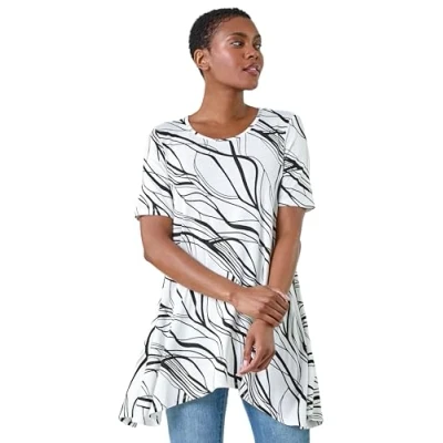 Image of Roman Originals Textured Fan Print Stretch Hanky Hem Top for Women UK Ladies Everyday Holiday Spring Summer Round Neckline Comfy Soft Evening Vacation Work Party Ivory &amp; Noir Size 16