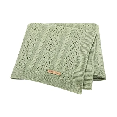 Image of DovFanny Baby Blanket Cotton Cable Knitted Cellular Cozy Breathable for Boy and Girls 90 x 70cm Light Green