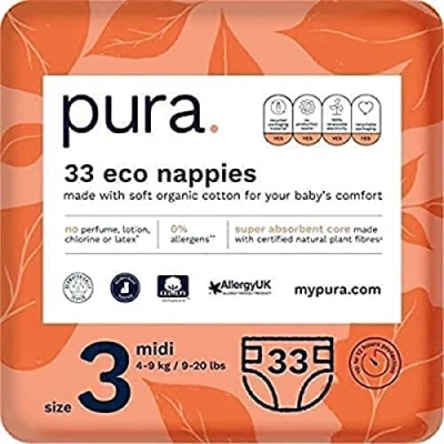 Image of Pura Baby Nappies Size 3 (Midi 4 9kg / 9 20 lbs) 1 Pack of 33 Nappies, Allergy UK Approved, Made with Organic Cotton, up to 12 hour Leakage Protection