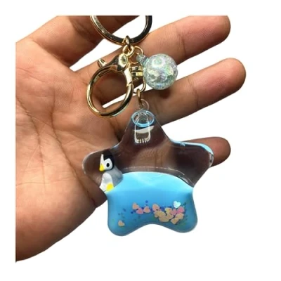 Image of ZDHC Pentagram Floating Penguin Keychain Cute Kawaii Motion Liquid Quicksand Ocean Animal Keyring Car Keys Pendant for Women