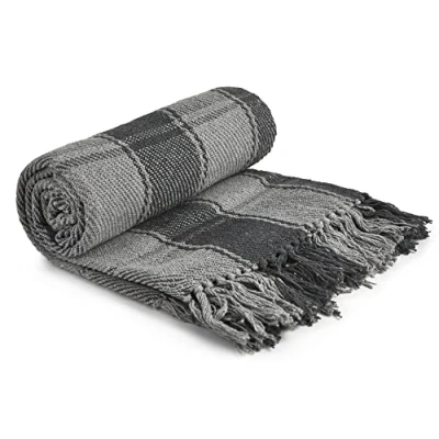 Image of Emma Barclay Frisco Recycled Cotton Traditional Check Chair Sofa Setee Throw Over Blanket in Charcoal Grey 50x60 (127x152cm)