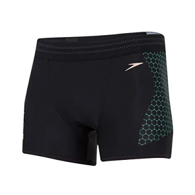 Image of Speedo Tier One Placement Aquashort Swimwear, Men, mens, Swim Briefs, 8 12422D712, black/Green glow/Rose gold, 28