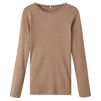 Image of NAME IT Girl&#039;s Nkfkab Ls Slim Top Noos T Shirt, Brown Lentil/Detail:Melange, 6 Years