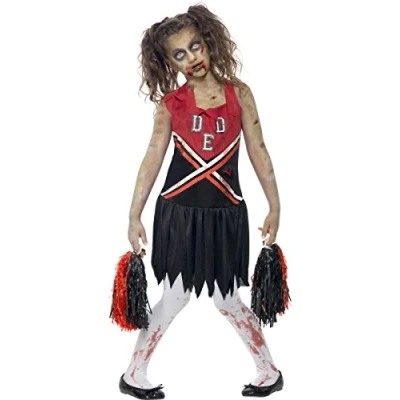 Image of Smiffys Zombie Cheerleader Costume, Red &amp; Black with Blood Stained Dress Pom Poms, Halloween Child Fancy Dress, Up Costumes