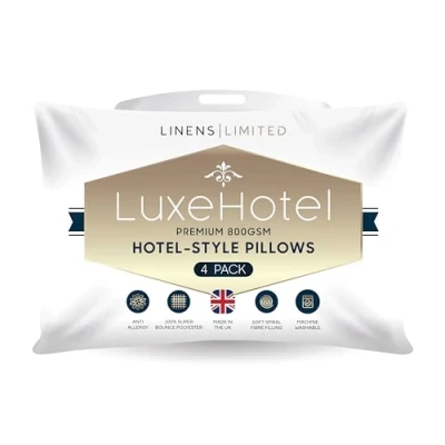 Image of Linens Limited Soft Pillows 4 Pack, Hotel Quality, LuxeHotel Bounce Back Pillows, and Firm with Orthopedic Support, Non Allergenic, Machine Washable (White)
