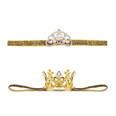 Image of Nishine 2 Pack Elastic Baby Crown Headband Princess Girls Tiara Headdress Set(Gold)