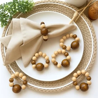 Image of LEBEJUA Napkin Rings Set of 6 Solid Wood Natural Rustic Wooden Holder Ring for Table Handmade with Jute Twine &amp; Bead Farmhouse