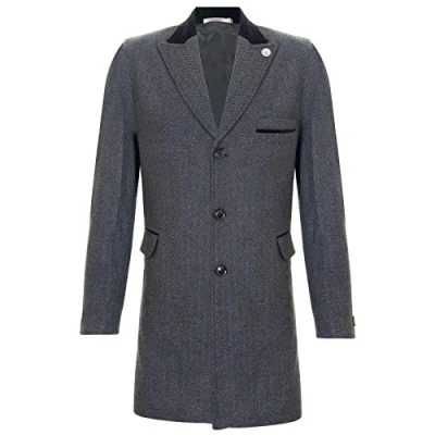Image of TruClothing Mens 3/4 Long Grey Crombie Overcoat Jacket Herringbone Tweed Coat Peaky Blinder Charcoal Suede Size 44 (Chest)