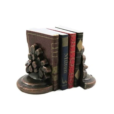 Image of Melody Jane Dolls House Books &amp; Bronze Flower Bookends Office Study Bookshelf Accessory