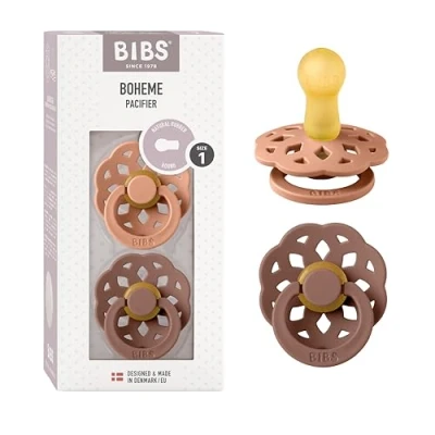 Image of BIBS Boheme Soother 2 Pack. BPA Free. Round Nipple, Natural Rubber Latex, Made in Denmark. Size 1 (0 6 Months), Peach/Woodchuck