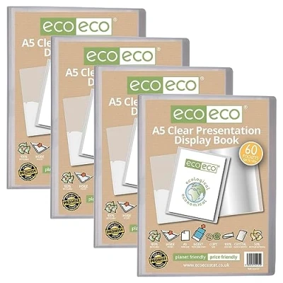 Image of eco A5 Size 50 Percent Recycled 60 Pocket Clear Presentation Display Book, Storage Case Portfolio Art Folder with Plastic Sleeves, Pack of 4, eco131x4