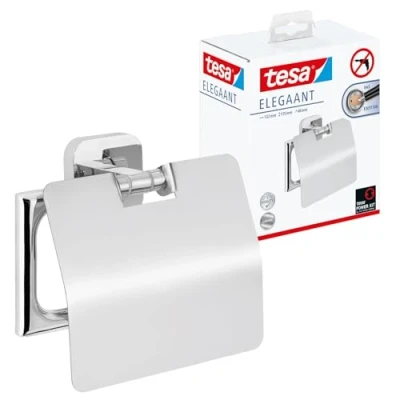 Image of tesa ELEGAANT Toilet Roll Holder with Lid Wall Mounted Paper Power.Kit Technology in Stainless Steel Design Waterproof, incl. Adhesive Solution 135mm x 132mm 48mm