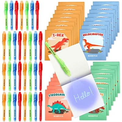 Image of BONNYCO Invisible Ink Pen and Notebook, Pack 32 Dinos Party Bags Filler &amp; Pinata Toys Birthday Decorations Stocking Fillers for Kids School Prizes Gifts Children