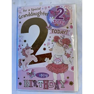 Image of For A Special Granddaughter 2 Today Happy Birthday Card With Badge 2nd Second Two Cute Girl/Unicorn Glitter/Foil Detail(CC7504/01)