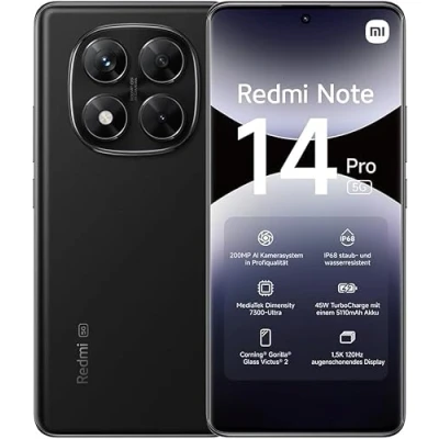 Image of xiaomi Redmi Note 14 pro 5G smartphone, 12+512GB, Black, 200MP grade AI camera, IP68, 45W turbo charging with 5110mAh battery, features (no charger included), 2 year Warranty