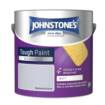 Image of Johnstone&#039;s Washable Paint Manhattan Grey Matt Finish Emulsion Highly Durable Stain Resistant Non Toxic &amp; Low Odour 12m2 Coverage per Litre 2.5L