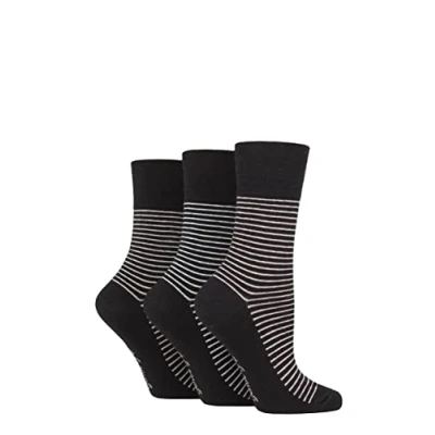 Image of Women&#039;s 3 Pair Gentle Grip Cotton Patterned and Striped Socks Fine Stripe Black 4 8 Ladies