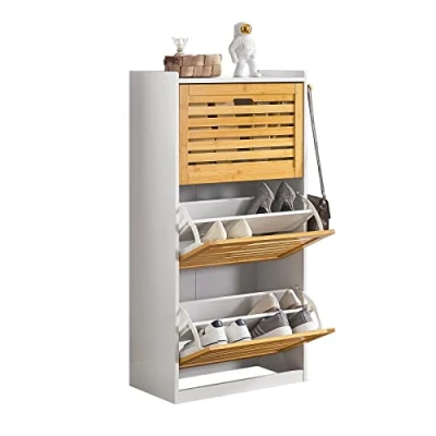 Image of SoBuy FSR108 WN, 3 Drawers Shoe Cabinet Rack Storage Cupboard Organizer Unit, W55 x D30 H112cm, White &amp; Natural