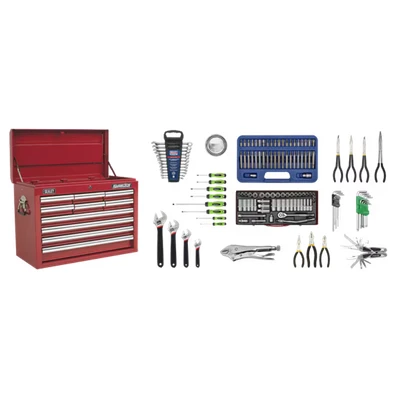 Image of Sealey Superline Pro Topchest 10 Drawer with Ball Bearing Slides Red &amp; 140pc Tool Kit