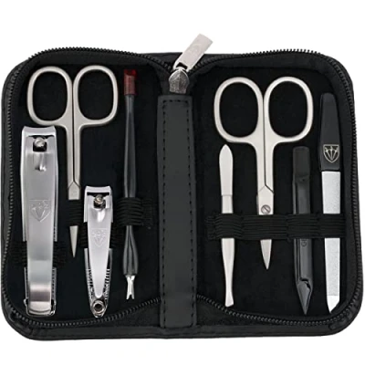 Image of 3 Swords Germany brand quality 8 piece manicure pedicure grooming kit set for professional finger &amp; toe nail care scissors clipper fashion leather case in gift box, Made by (6615)