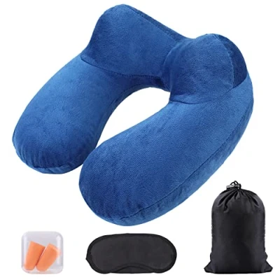 Image of AiQInu Inflatable Neck Pillow, Travel Pillow for Airplane, Adjustable and Compact with Washable Pillowcase, Cars Train Office Home