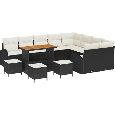 Image of vidaXL 13 Piece Garden Sofa Set with Cushions Black Poly Rattan Acacia