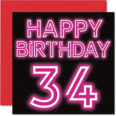 Image of Fun 34th Birthday Cards for Men Woman Neon Glow Happy Card Dad Mum Son Daughter Brother Sister Uncle Auntie Cousin, 145mm x Greeting Cards,