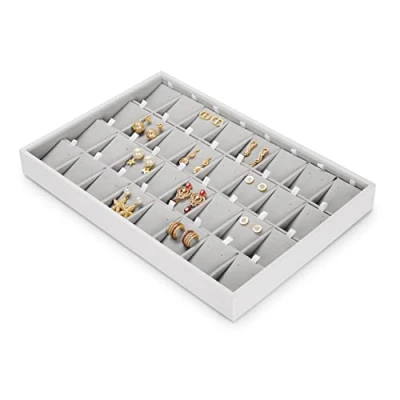 Image of Oirlv Velvet 32 Grids Earrings Stackable Jewelry Tray Velour Interior White PU Leather External Holder (32 Earrings)