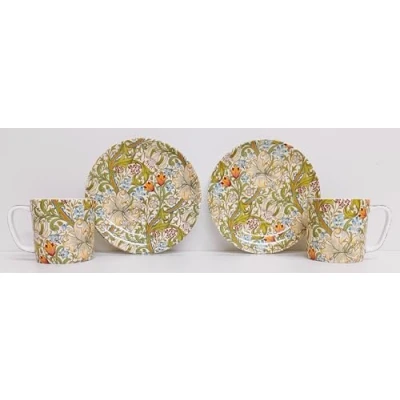 Image of Rainbow Decors William Morris Golden Lily Set of 2 Espresso Cups 100 ml 3.5fl oz Saucers Fine Bone China Arts Crafts Nouveau Floral Lilies Hand Decorated UK
