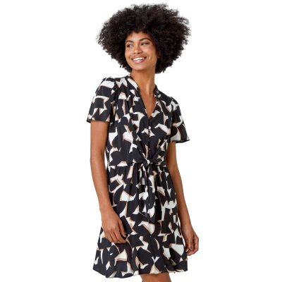 Image of Roman Womens Geometric Print Frill Hem Dress Black Size 20 UK