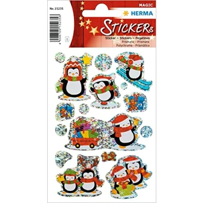 Image of HERMA 15235 Glitter Stickers for Children, Winter Penguins (8 Stickers, Foil, Glossy) Self Adhesive, Permanent Adhesive Motif Labels Girls and Boys, Colourful