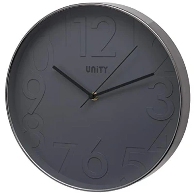 Image of Unity Wall Clock, Clifton, Raised Numbers, Grey, Silent Sweep, 12 inch / 30cm
