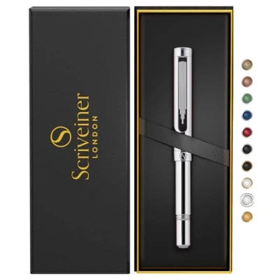 Image of Scriveiner Silver Chrome Rollerball, Award Winning Luxury Pen, Heavy Pocket Pen with Finish, German Schmidt Refill, Best EDC Writing Gift Set for Men &amp; Women, Nice Designer Office Fancy