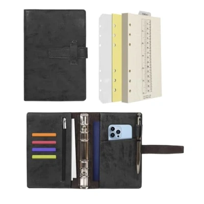 Image of Wonderpool Leather Diary 6 Ring Binder Folder Organiser with Dotted Paper Refillable Writing Notebook &amp; Multi Pockets Cover for Business Study Travel (A6, Black)