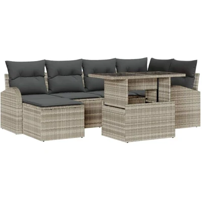 Image of vidaXL 7 Piece Garden Sofa Set with Cushions Light Grey Poly Rattan