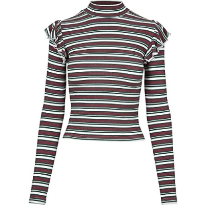 Image of Urban Classics Women&#039;s Ladies Rib Striped Volant Turtleneck L/S Longsleeve T Shirt, Multicolour (White/Green/Firered 01316), XXXL